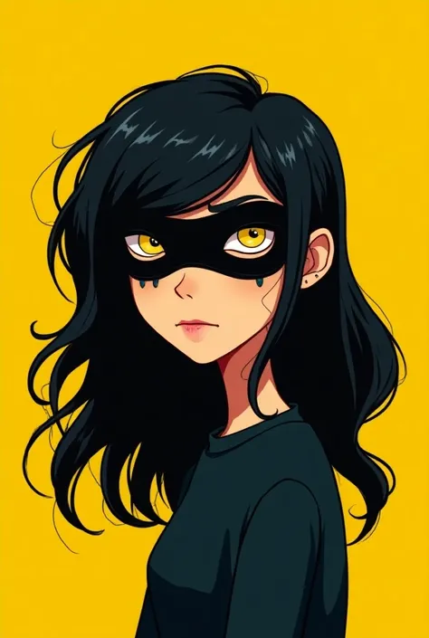 Create a cartoon-style image of a girl with a mysterious and intriguing look. Her face should be clearly visible, but her eyes should be completely hidden, either by a shadow, a mask, or her hair falling over her face. The girls expression should be neutra...