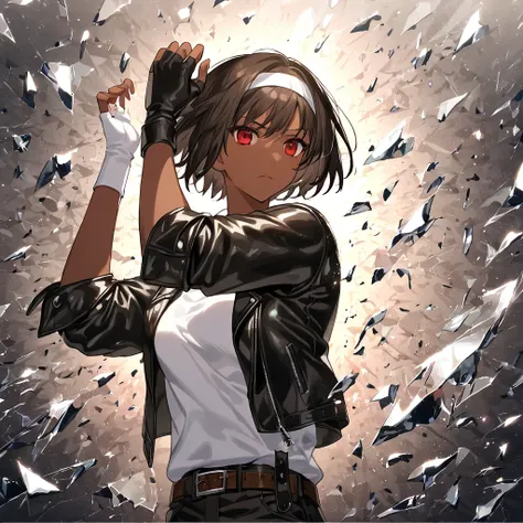 Anime, Black Hair , Female student, red eyes, Dark Skin Tone,  short hair, ((  black leather jacket with shattered glass)), ((white headband)), Open the jacket,  white t-shirt, Fingerless gloves, Brown belt,  black pants、Upper body only,  best quality,  Br...