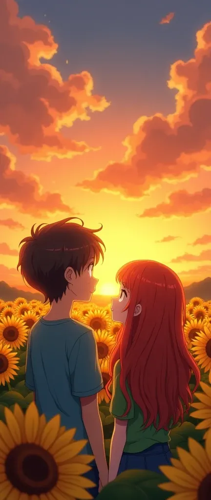   A boy and one are distant from each other looking at the same sunset ,  are in a field of sunflowers  .   The boy has short, wavy dark brown hair and dark brown eyes and wears a blue shirt.  The girl has long red hair and brown eyes ,  light-skinned and ...