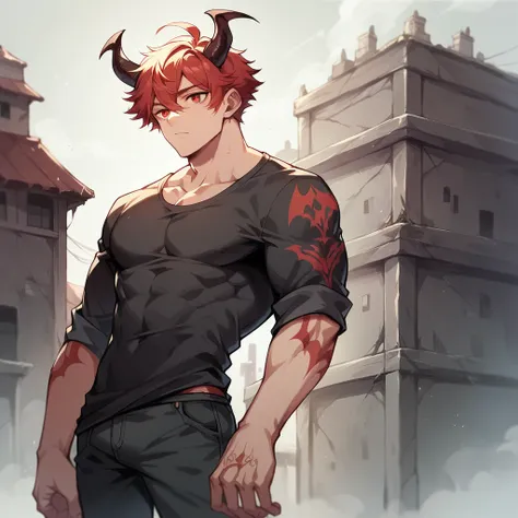 a DILF demon with straight devil horns. he has long red hair and red eyes. he stands in an abandoned building. a somewhat muscular physique. he has a rolled up long sleeve shirt that shows tattoos on it.