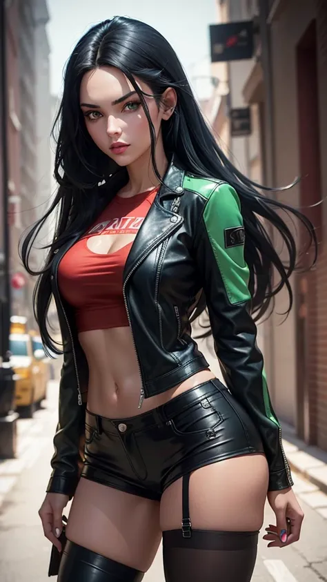  An attractive woman with long black hair with blue tips,  green-eyed, Braca ,  full lips ,  BOUQUET, seductive,  leather jacket,  red t-shirt and leather shorts , black and transparent pantyhose ,  Ultra realistic, good quality