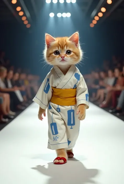 8k, Realistic. Photorealistic. Image is vibrantly colored. photo,Highly detailed Photo quality, high quality, 

A kitten walks down the runway to the camera. 


The kitten is dressed.


wearing a yukata robe,
The yukata has a picture of a blue wind chime o...