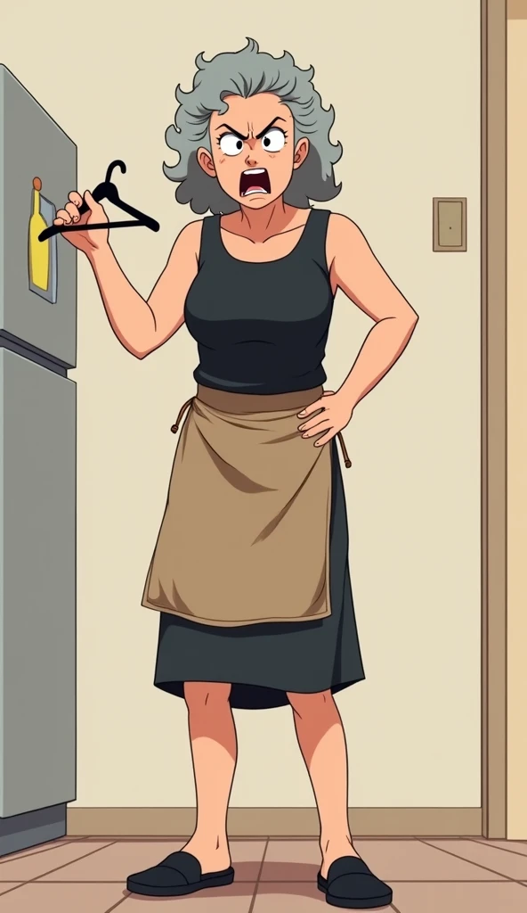 50s years old mother, semi long hair with curlers, grey hair, lousy knee lenght short, black sleeveless, angry, shouting, holding a hanger on hand, 1 arm on waist, black slippers, open_mouth, anime style, with curlers on hair, with semi dirty light brown a...