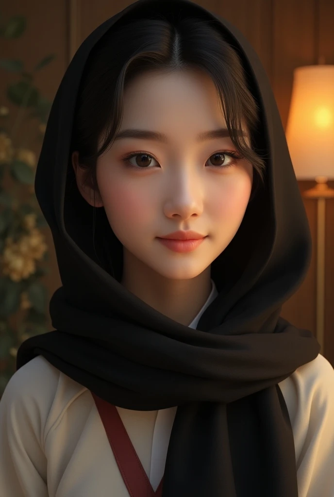 

Prompt for Image Generation:

Create a realistic portrait of a young woman with soft, delicate features and a gentle smile. She wears a black scarf that frames her face gracefully, contrasting with a light-colored traditional outfit. The setting has warm...