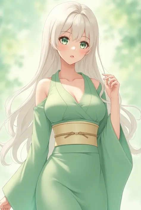 Beautiful anime woman with pale skin, mint-green eyes framed by long eyelashes, full pink lips and long, smooth platinum-blonde hair. She has a curvaceous and slender figure with noticeably large breasts. She wore a pale-green medium-lengthed hōmongi kimon...