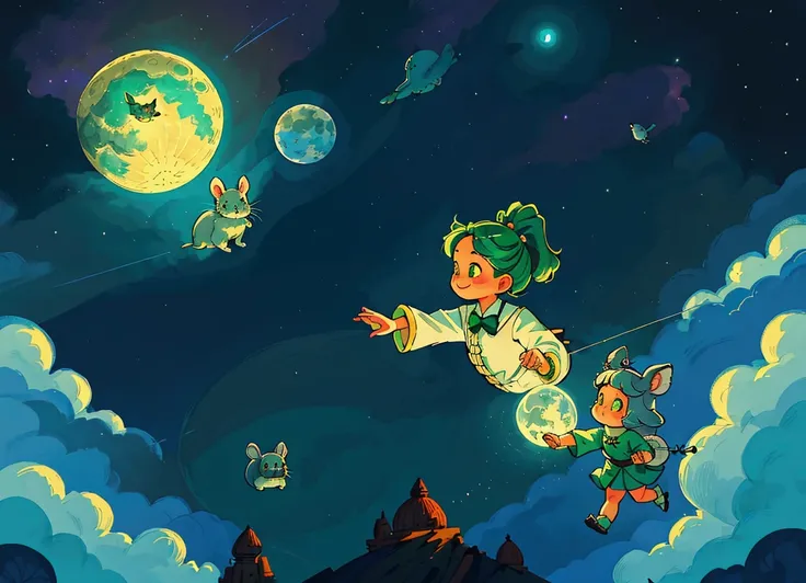 1 flying girl 、 2 chinchillas flying in the sky、Fluffy chinchilla、smile、profile、fun、 dreamy illustration ,  beautiful night on the moon , emerald green clouds 、ren&#39;s book illustration、 fantasy art、 masterpiece