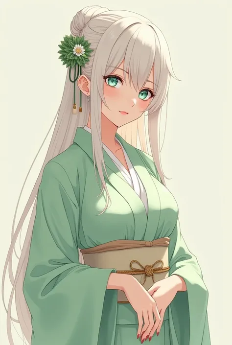 Beautiful anime woman with pale skin, mint-green eyes framed by long eyelashes, full pink lips and long, smooth platinum-blonde hair. She has a curvaceous and slender figure with noticeably large breasts. She wore a pale-green medium-lengthed hōmongi kimon...