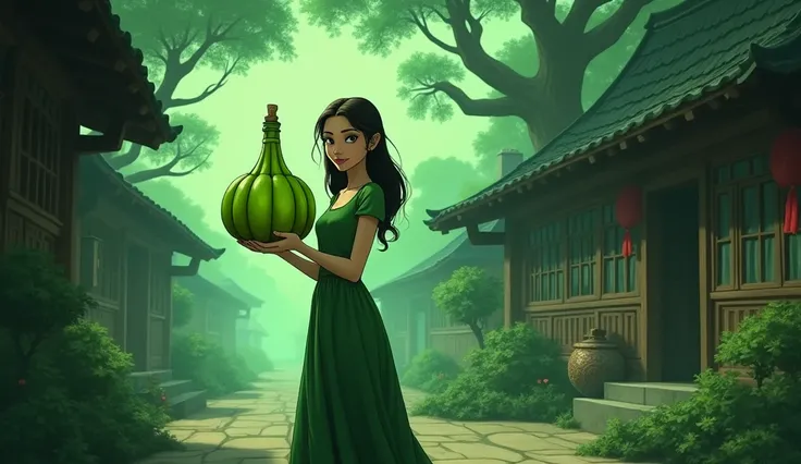 A green pumpkin in the mirror bottle, bottles head is tight, beautiful woman carry that bottle, village type scenery, all i want this in a s stories and animated version.