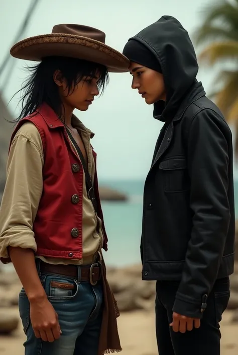 

Ultra-realistic image of a young, daring pirate-inspired character with messy black hair, wearing a red vest, straw hat, and jeans, facing off against a model-inspired character with a stylish, modern look. The pirate stands confidently with a determined...