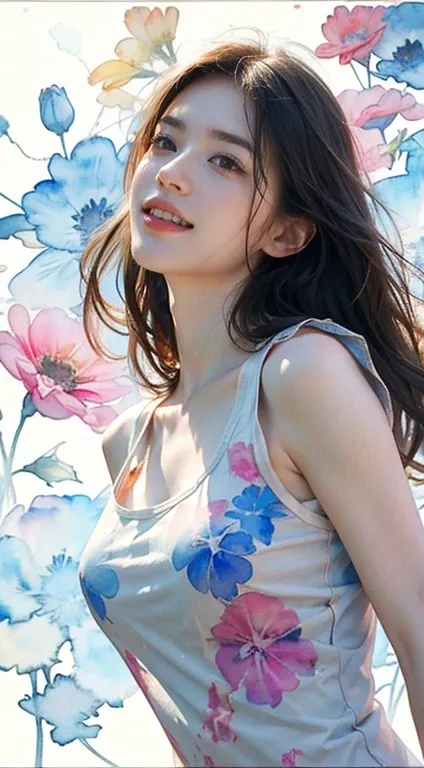 8k,​masterpiece,top-quality, From below , From below , dynamic pose to cover your mouth with a bandage,30 years old 1 girl,  PORTRAIT, Floral,  watercolor sketch , Light, Long Hair,  is reaching out,smile,  Watercolor  ( medium), Watercolor , tank top 