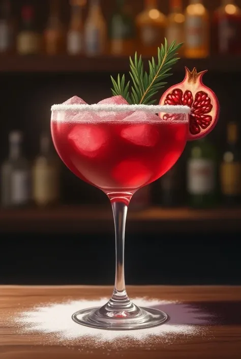 A professional, realistic illustration of a cocktail in a margarita glass, with powdered sugar glued to the edges of the glass. Pomegranate drink. The drink itself contains a very small spruce paw. No fruits, no berries. On the bar counter