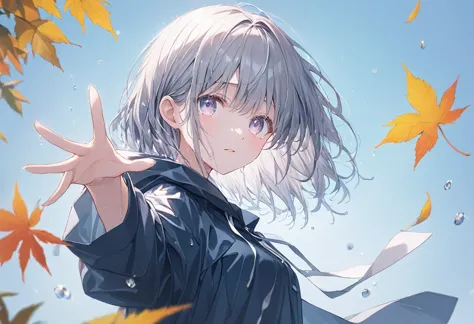 ((pastel))、1 woman, upper body,A woman extending her hand,Look this way,((Careful depiction)), gradation eyes ,Teary-eyed,Grey Hair, black hoodie, drop shoulder raincoat,white,wet raincoat ,  navy blue background ,Leaves scatter , Moderate Blur ,Light, str...