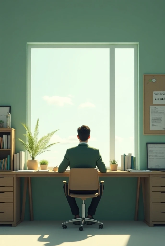 A serene modern office setting where a person practices Stoic principles in daily life. The person sits calmly at a desk, surrounded by a neatly organized workspace. A nearby bulletin board displays the phrase Focus on what you can control as a reminder. T...