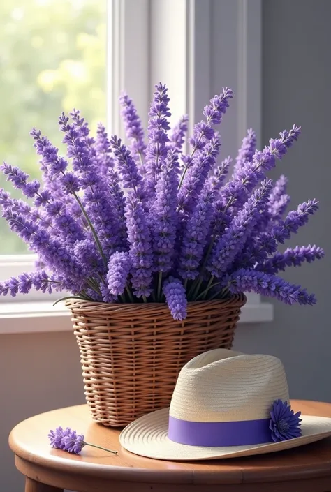 Imagine a basket full of beautiful lavender flowers with a womens hat on a table