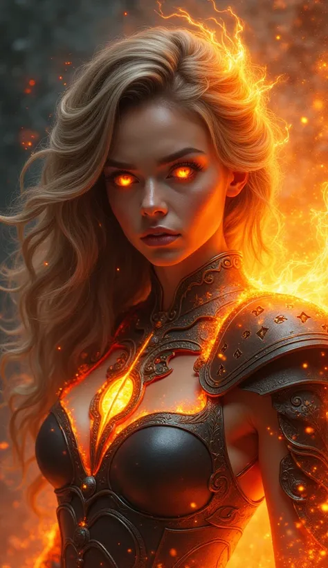 "Portrait of a powerful woman with fiery aura, blazing eyes, and armor that resembles flames, in a mystical setting. Astrological vibe with intense light and shadow contrasts."