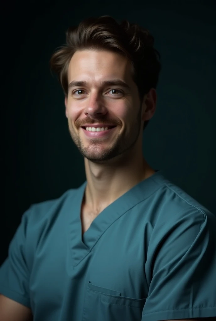 Photo homme blanc, brown hair, brown eyes, charmant, Dark, Smile ,surgeon gown 