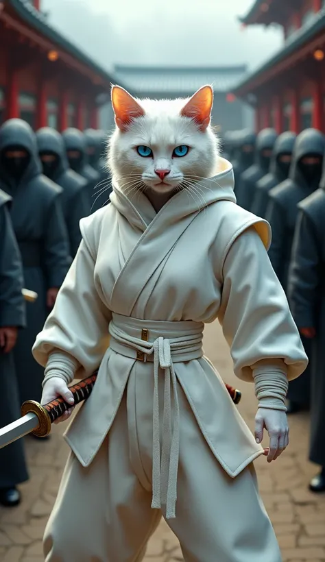 (photorealism:9.16) Make a picture of a white female cat with a dense tall body,  her eyes are blue , big nose, red lips, facing the camera,  wearing white ninja outfits without head coverings, hand carrying samurai sword , behind him is an army of black n...