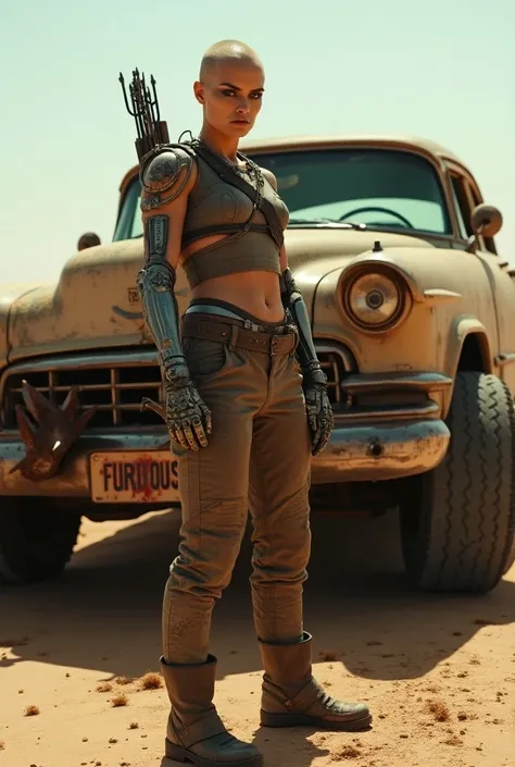  full body image of actress Charlize Theron dressed in furious Maxmax , Shes angry , face mau, nervosa, blue eyes, In the Sahara desert she is bald and has strong black eye makeup, blue eyes, Greasy face , body dirty with grease, Madmax , next to a 1955 Ca...