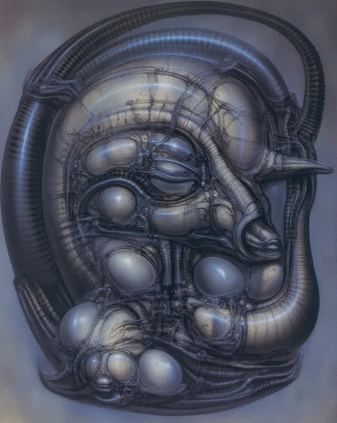 H. R. Gigers g1g3r, , The image depicts a haunting and biomechanical scene, characteristic of H.R. Gigers style. A central, organic structure dominates the composition, its surface a network of intricate tubes, pipes, and fleshy protrusions. This structure...