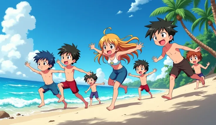 7 boys and a girl on the beach.  anime style