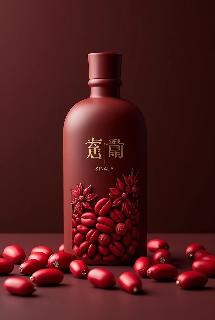  Make a perfume bottle with the image of adzuki beans .  I want the Sinalé logo on it. Burgundy-like background with red beans
