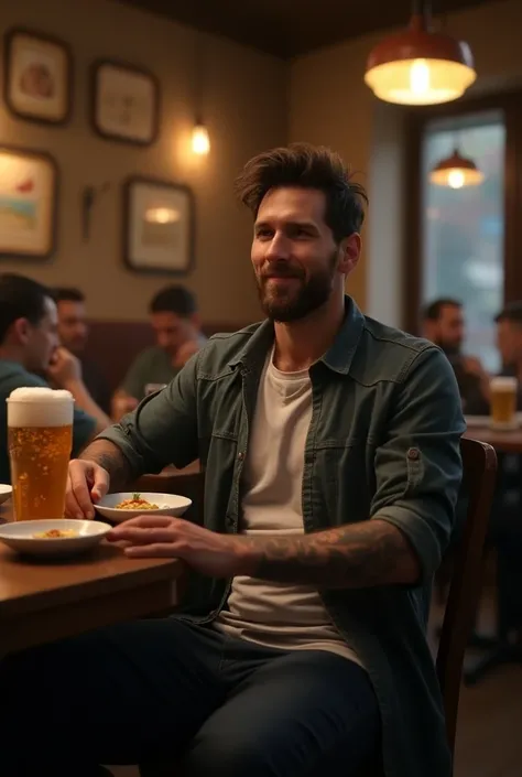 Messi eats a beer in a restaurant and has a belly