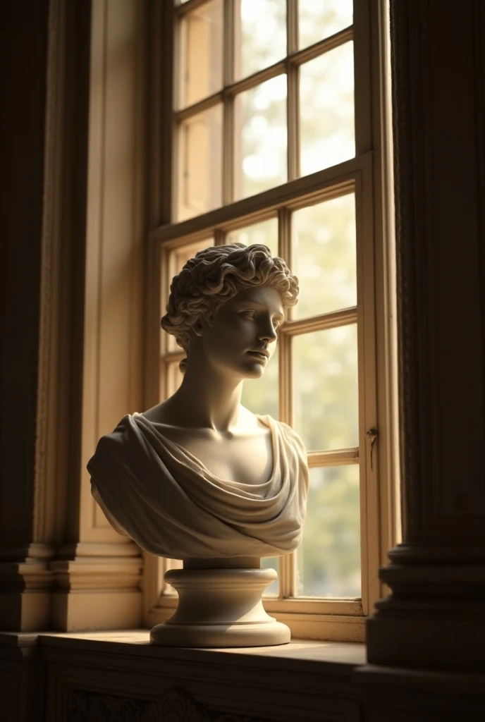 Marble bust in in the 18th century window touched by the mild sunrays