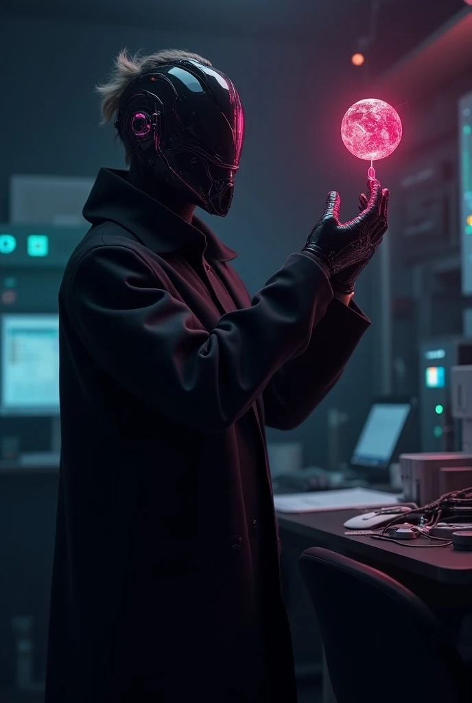 An scientist with a black and purple scifi mask covering his entire face except his hair,he has a black labcoat and is working in his own lab, an AI orb is levitating over his shoulder and is glowing red