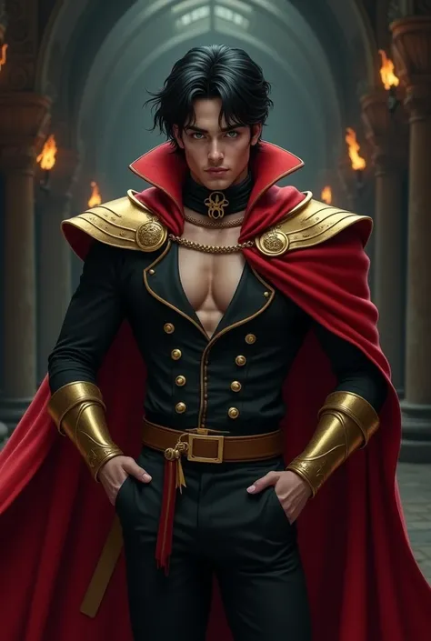  Create beautiful prince , high,  short black hair tied in half a tail ,  green eyes,  beautiful face,  muscular body. With an elegant outfit, Vitle Negro ,  golden shoulder pads and red cape . head on,  his hands hidden in the pockets of his pants .  In t...