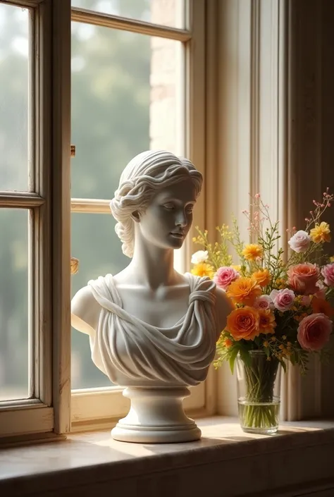 Marble bust and the vase of flowers in in the 18th century window touched by the mild sunrays