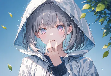 ((pastel))、1 woman, upper body,A woman extending her hand,Look this way,((Careful depiction)), gradation eyes ,Teary-eyed,Grey Hair, black hoodie, drop shoulder raincoat,white,wet raincoat ,  navy blue background ,Leaves scatter , Moderate Blur ,Light, str...