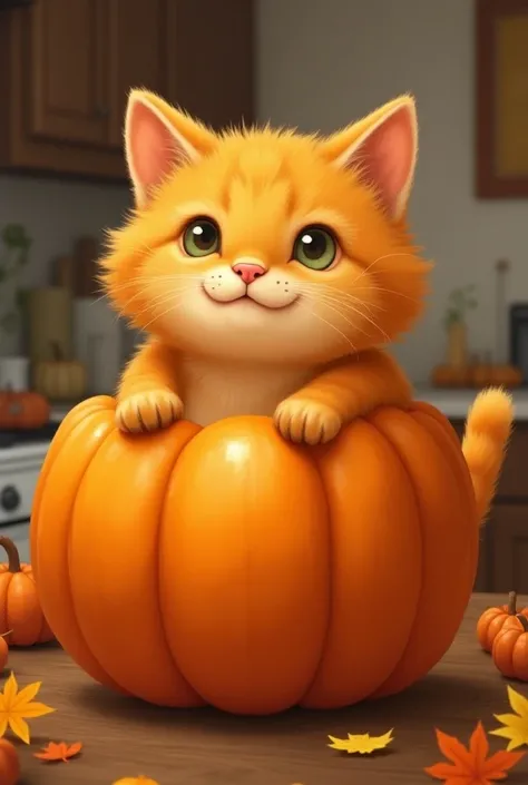 A cat in the form of a pumpkin sandwich