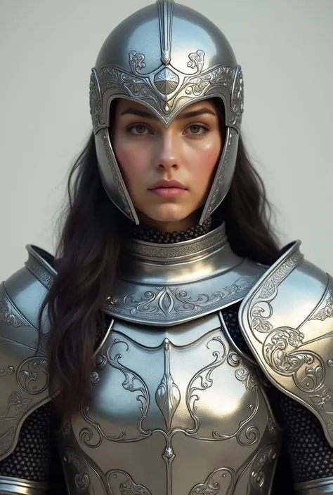 The picture shows a knight Lira Zahri from Gondor large picture large female knight she is wearing a helmet and armor in silver Helmet and armor are a special design with Gondor pattern shown in great detail breathtakingly realistic there is no background 