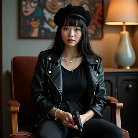  Indoor professional photograhpy real portrait of a beautiful asian woman ,  wearing a black leather jacket loose black t-shirt , black jeans plached ,wearing a beret hat , sitting on a chair holding a gun  , on background putih with 3D animated anime imag...