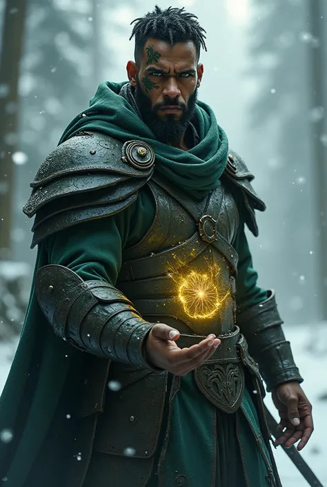 Nature wizard in his 40s, black skin, green eyes, dark brown short hair, winter, dark armor, nature tattoo on face 