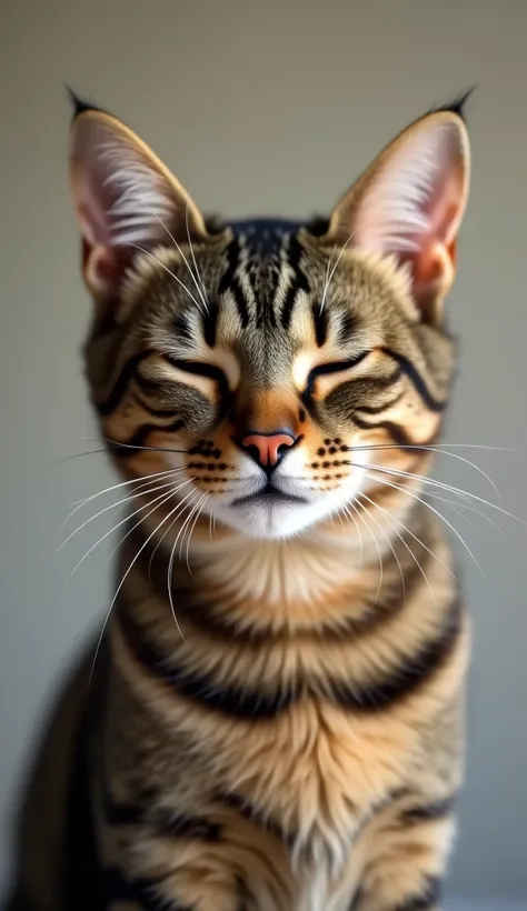 A serene, photorealistic close-up portrait of a tabby cat facing directly forward with eyes gently closed, radiating calm and tranquility. The tabby’s fur, with intricate patterns of warm browns, grays, and soft black stripes, is captured with exquisite de...