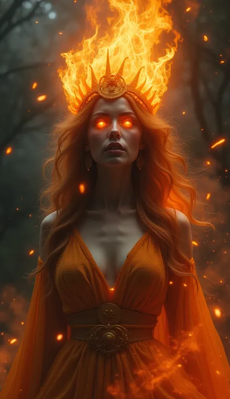 "An ethereal woman with a fiery presence, glowing amber eyes, and a crown of flames, symbolizing power and zodiac fire elements in a dark, fantasy setting."