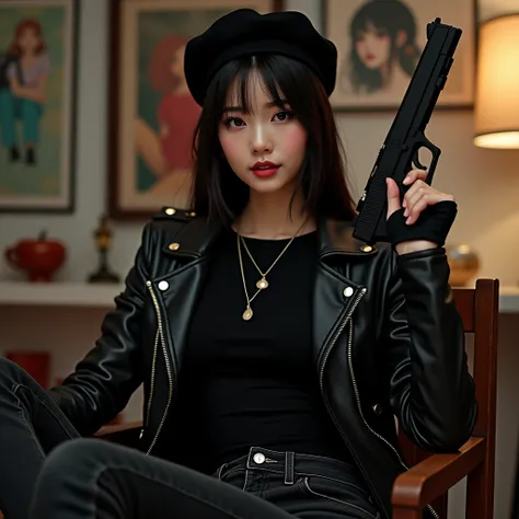  Indoor professional photograhpy real portrait of a beautiful asian woman ,  wearing a black leather jacket loose black t-shirt , black jeans plached ,wearing a beret hat , sitting on a chair holding a gun  , on background putih with 3D animated anime imag...