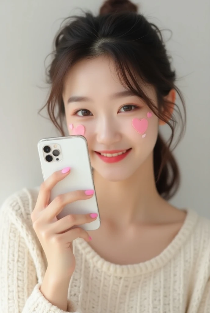  style ，，Heart shaped marks on the face，Beautiful Korean woman holding a smartphone with her mouth closed cute hair