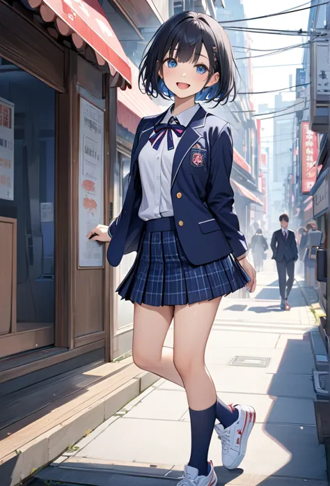 (((Japanese JK uniform, navy blue blazer , navy blue plaid pleated miniskirt,Dark blue short socks,))), full body、masterpiece, Best Quality,  Very Detailed, Thin legs、 Beautiful Details , Depth, Fine texture, Fine skin, Alone、Happy smile、blush, open mouth、...