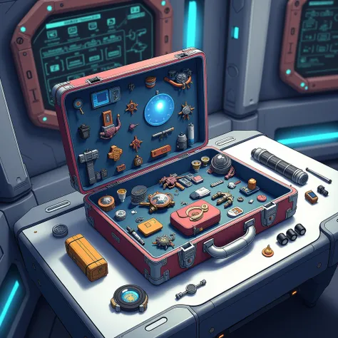  Anime style. An open suitcase with various space items and accessories on a table in a Mass Effect 3-style ship