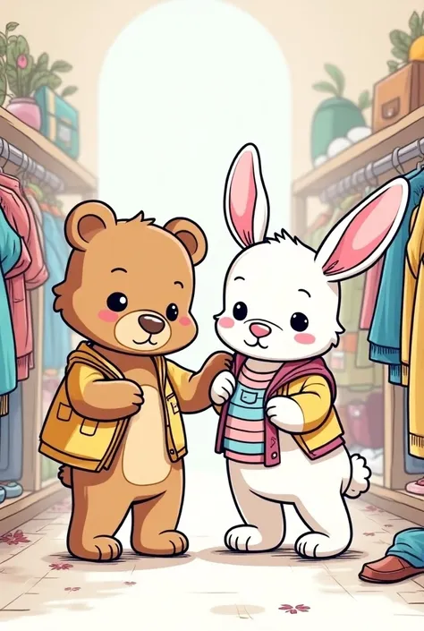  cute bunny and bear 、They are shopping together 、 choosing clothes、thick outline only 、Use as a coloring page 