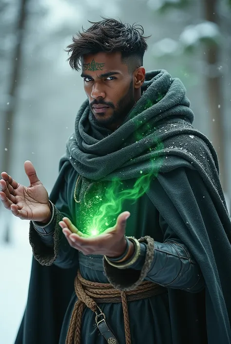 Nature wizard in his 30s, black skin, green eyes, dark brown short hair, winter, dark armor, nature tattoo on face 