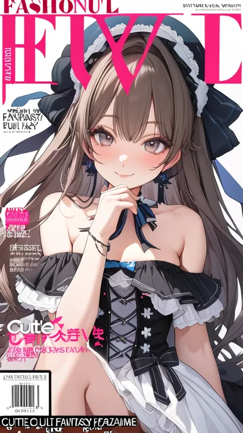 1 girl, ( cute face), Fantasy anime Lolita Fashion, ( Fashion Magazine Cover :1.5), cover, absurdres,  highres icon, ultra detailed, beautiful, masterpiece, best quality
