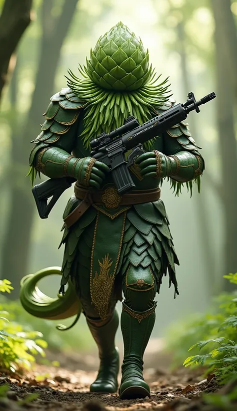 Artichoke Warrior: A humanoid artichoke with layers of green scales, dressed in intricate dynasty-era armor. Its stem flows like a beard as it walks through a peaceful forest at midday, gripping an HK416-E rifle, with the sun beaming through the branches o...