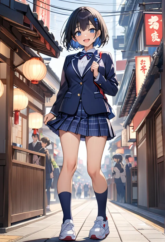 (((japanese jk uniform, navy blue blazer , navy blue plaid pleated miniskirt,dark blue short socks,))),  beautiful anime girl , ...