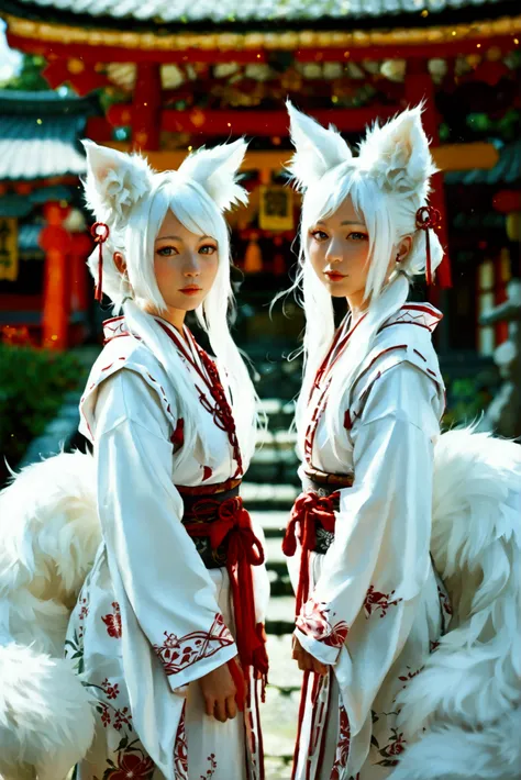 Teenage girls with white fox ears and white fox tails have white hair color and long clothes are shrine maiden clothes