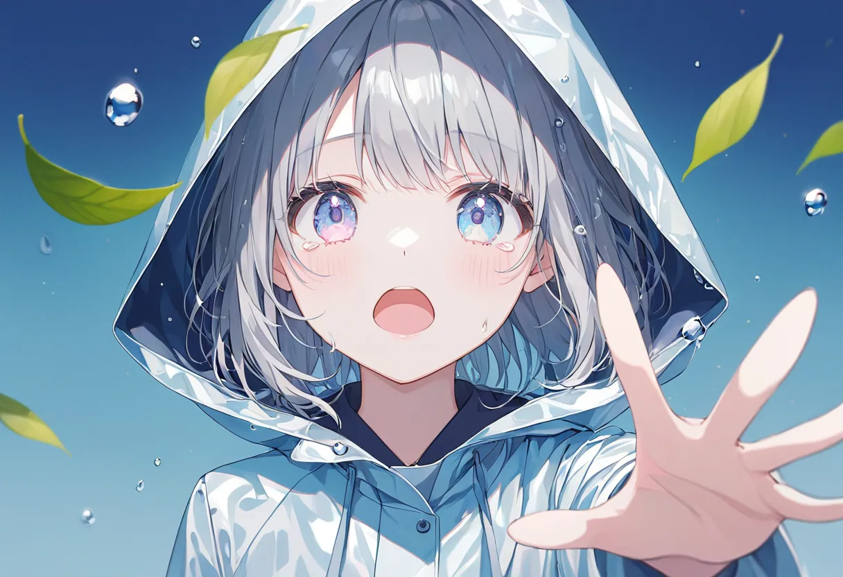 ((pastel))、1 woman, upper body,Woman extending one hand ,Look this way,((Careful depiction)), gradation eyes ,Teary-eyed, open your mouth ,Grey Hair, black hoodie,Raincoat,white,濡れたRaincoat,  navy blue background ,Leaves scatter , Moderate Blur ,Light, strong vignette soft pattern masterpiece,Best Quality,Exquisite,8k, absurd, super detailed illustrations on white paper ,( Viewers )