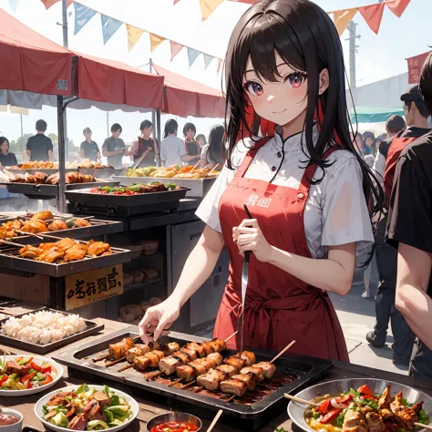 「 Cutting a Turkish dish kebab with a knife、Selling at an outdoor festival。She has black hair and wears a red apron.、The eyes are brown, Round and cute。Depict her in a cute chibi style、The head is large、The limbs are thin and small,。She has a happy expression and is holding a knife.、Cutting a kebab。Kebab is skewered with meat and vegetables.、Freshly grilled and juicy。There are tents in the background, Flags and other stalls、You can feel the atmosphere of an outdoor festival。（Cuteness：1.5）（ high quality：1.2）（comics：1.0）」