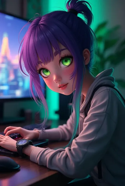 A girl with purple and green hair ,  green eyes and fair skin in realistic style who plays games and streams